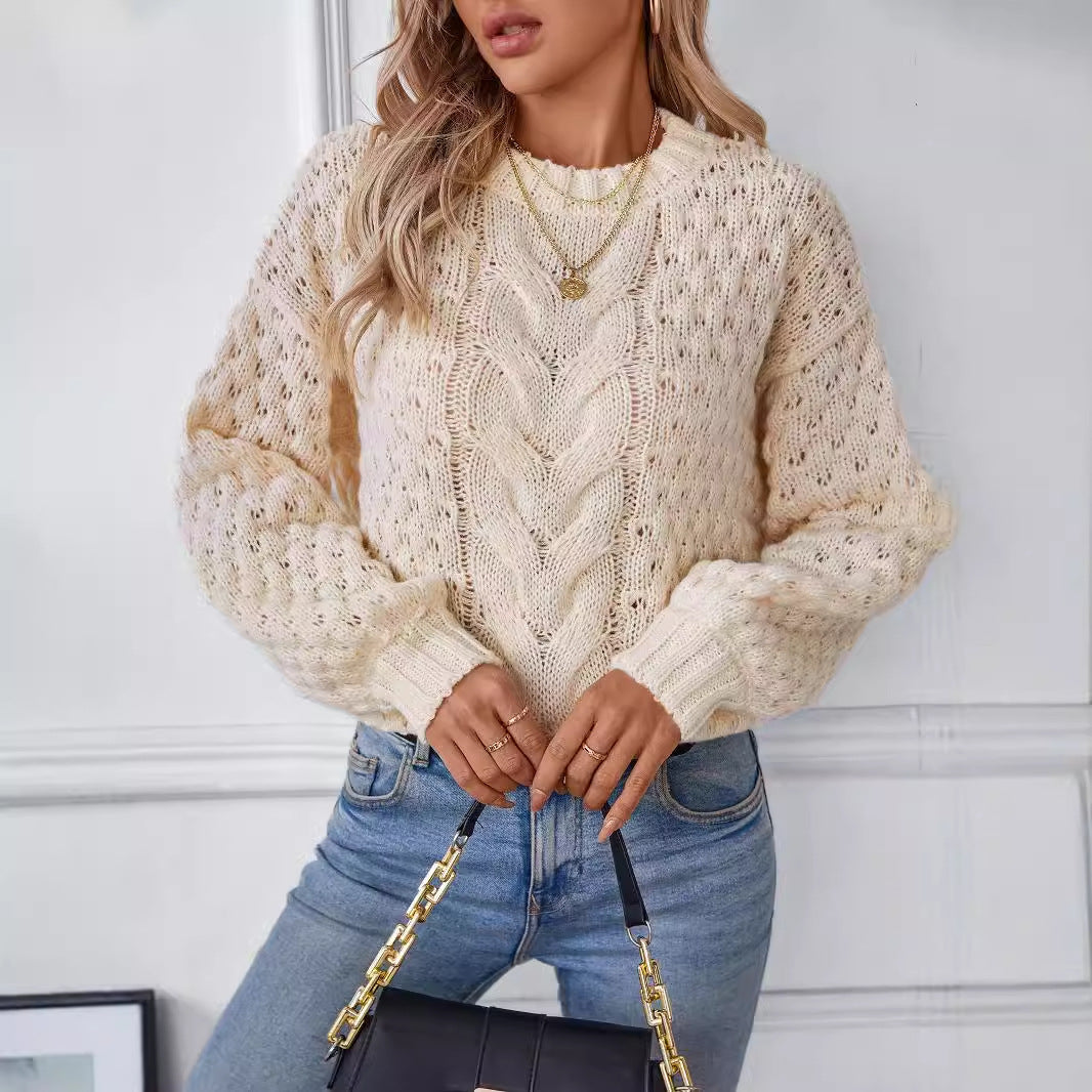 Damen gemütlicher Strickpullover mit strukturiertem Zopfmuster und lässigem Schnitt Sovae