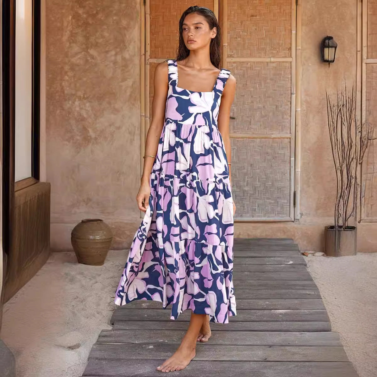 Damen Maxikleid mit breiten Trägern und mehrlagigem Volant Sovae