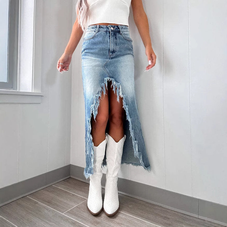 Damen Jeansrock mit asymmetrischem Saum und fransigen Abschlüssen Sovae