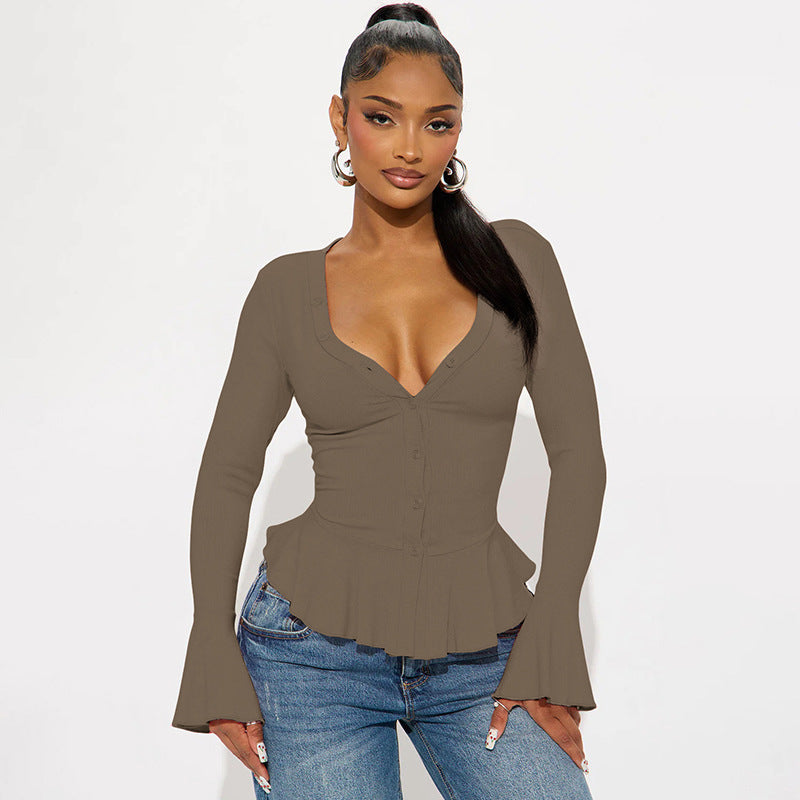 Damen Elegante Bluse mit Flügelärmeln und Rüschensaum Sovae