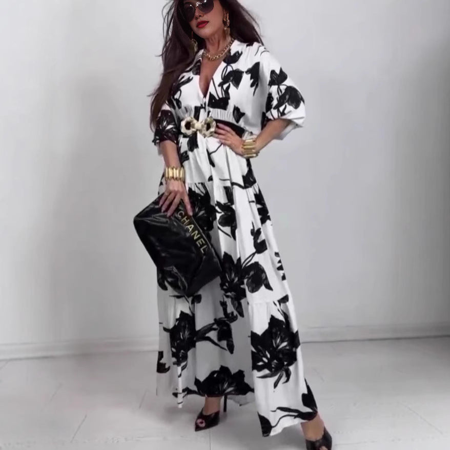 Damen Maxikleid mit floralem Design und Knopfdetails Sovae