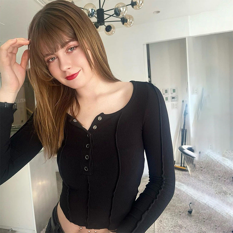 Damen figurbetontes Langarmshirt mit Knopfleiste Sovae