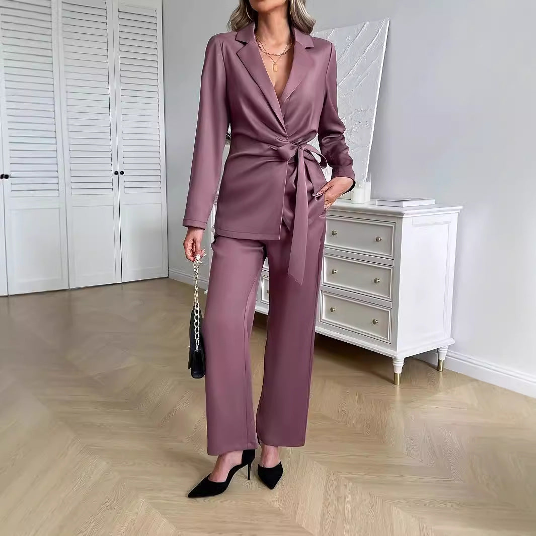 Damen elegantes Zweiteiler-Set mit tailliertem Blazer und weitem Hosen Sovae