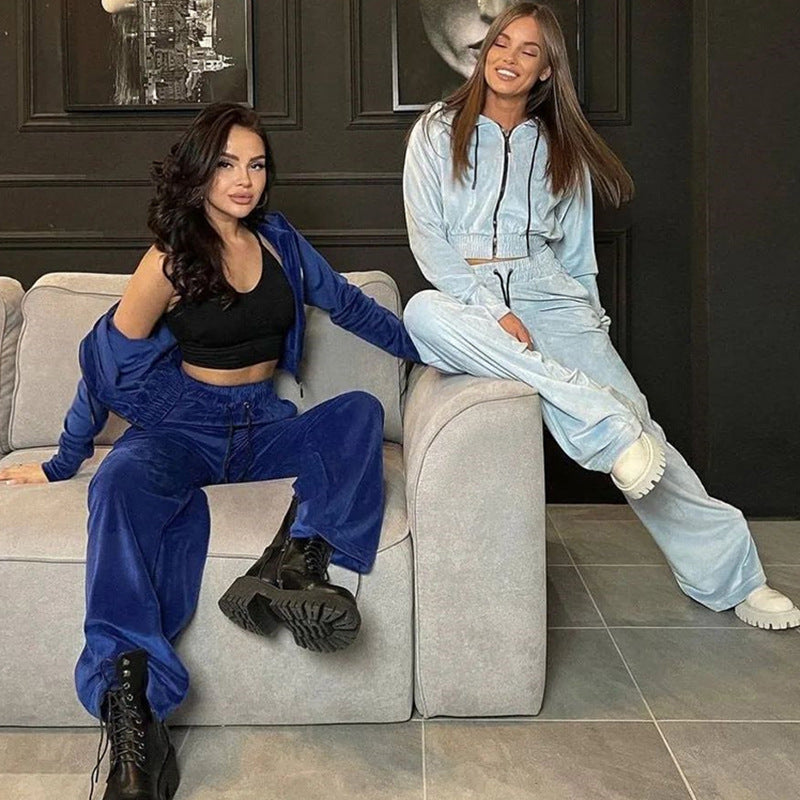 Damen Velours-Loungewear-Set mit hohem Kragen und elastischem Bund Sovae