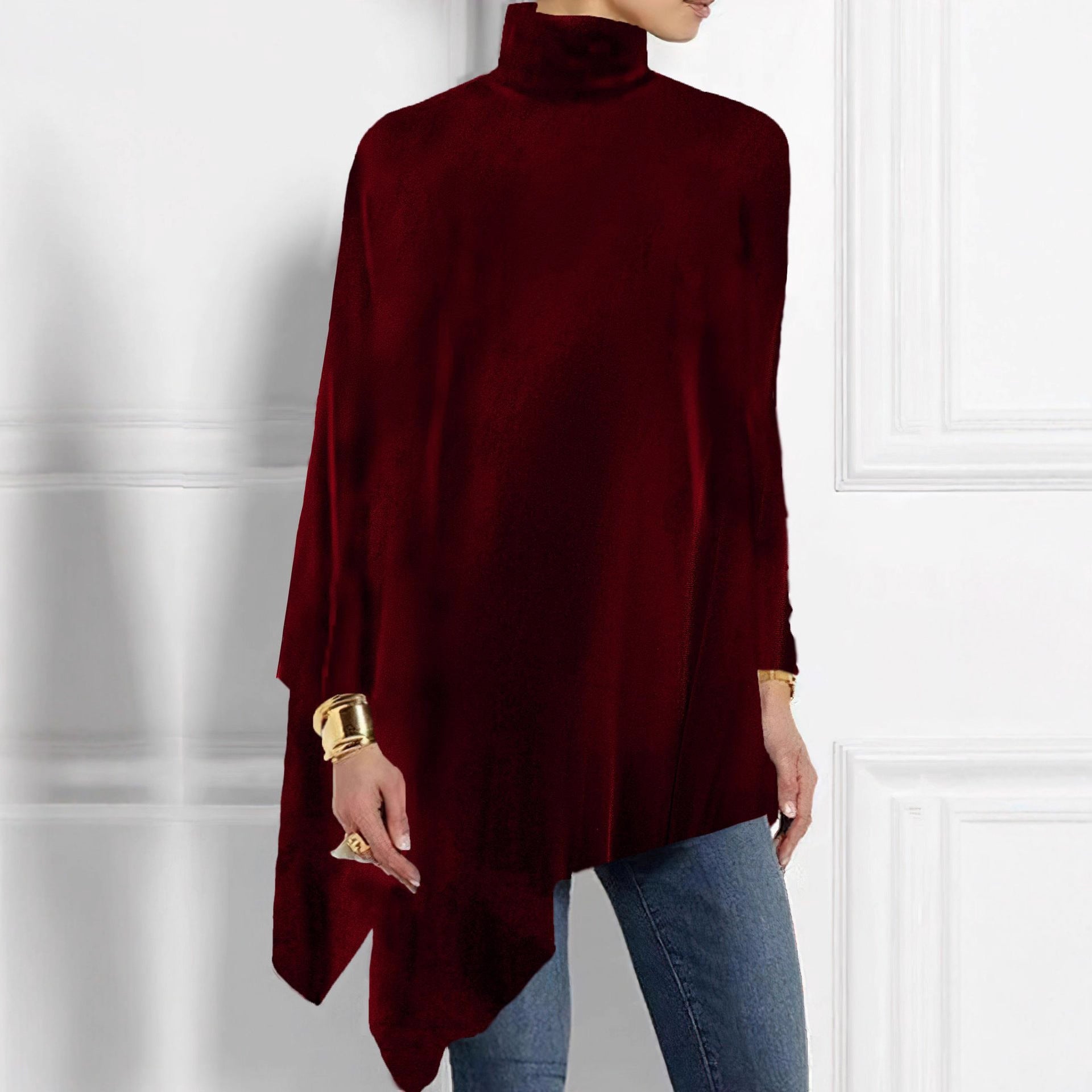 Damen edles Kapuzenponcho mit asymmetrischem Saum Sovae