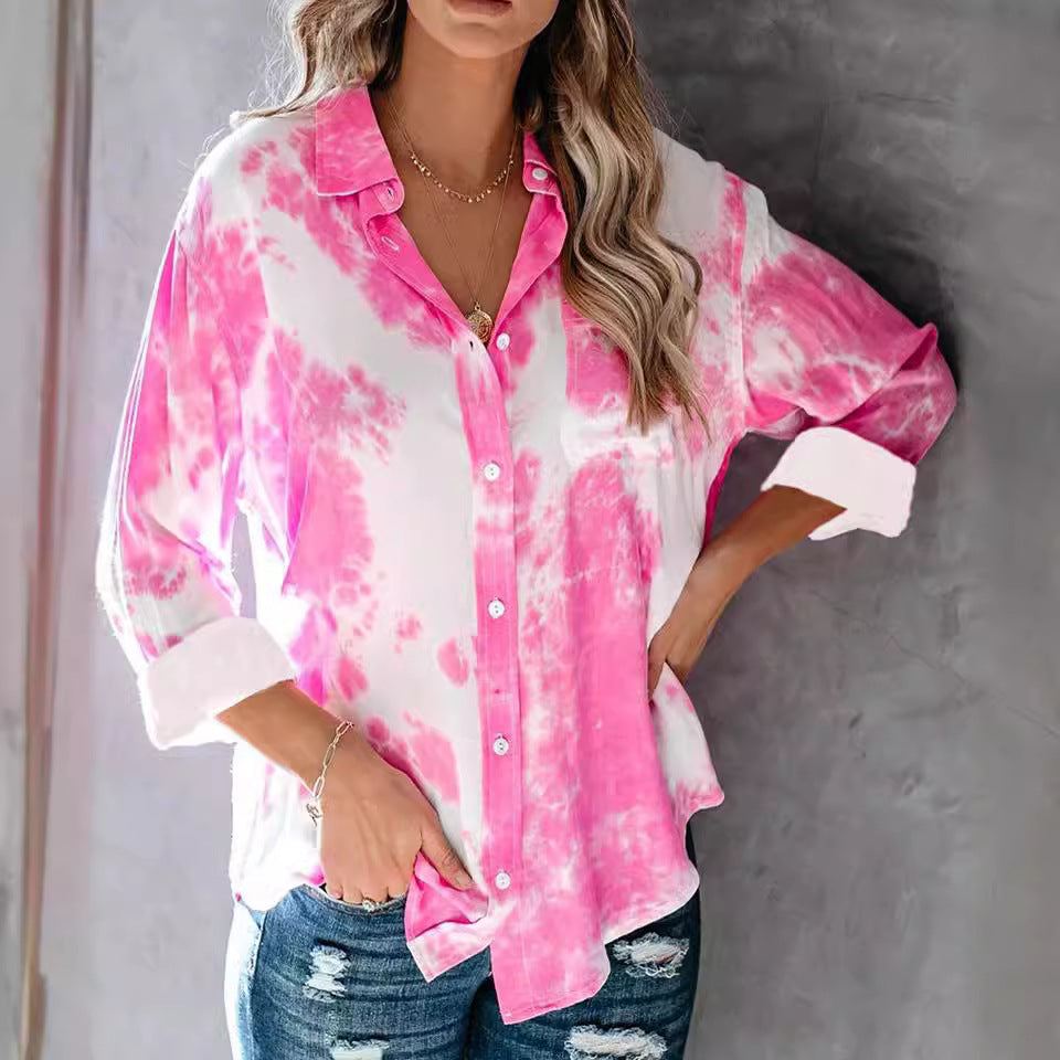 Damen Langarmhemd im kreativen Batikdesign mit Knopfleiste Sovae