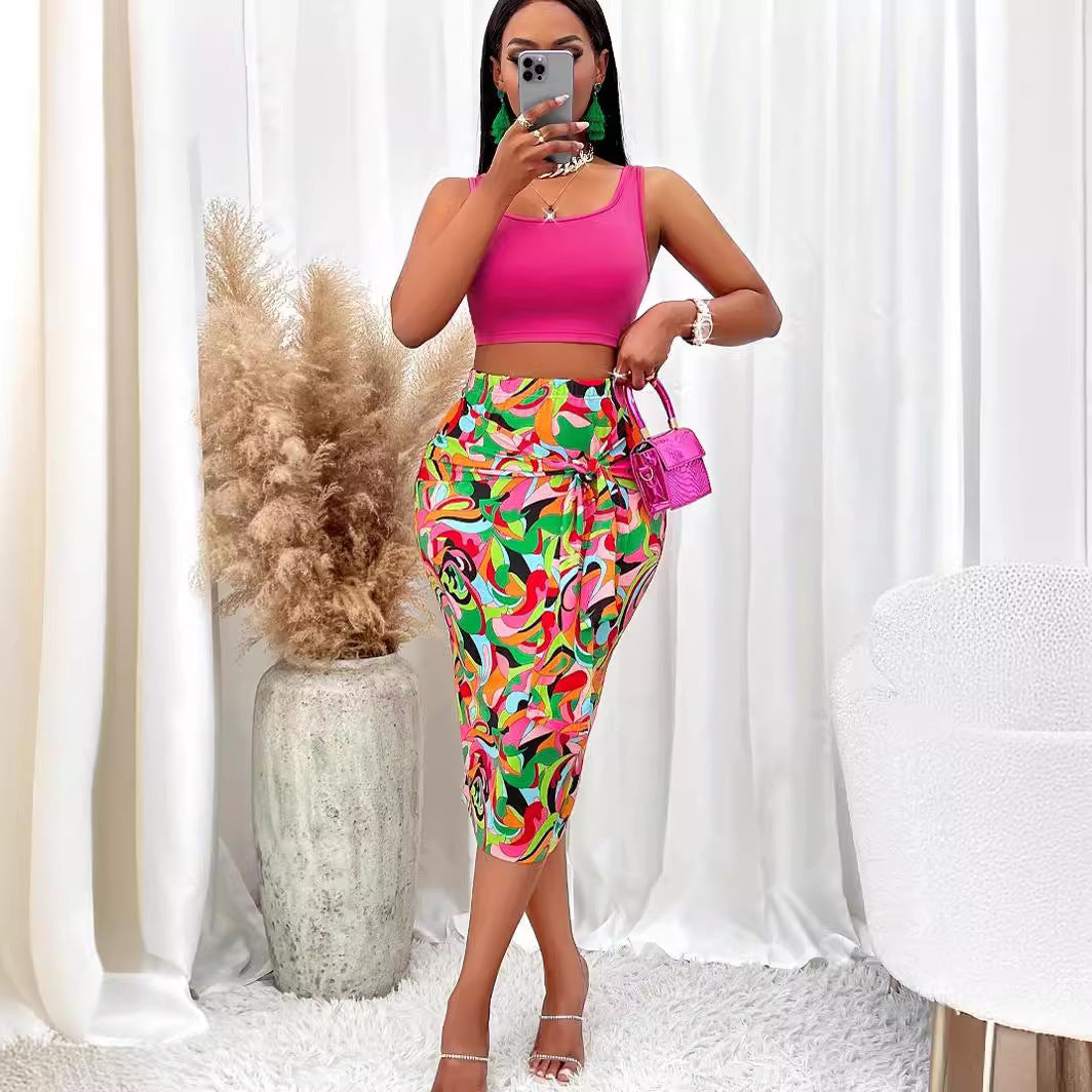 Damen Bunter Midirock mit seitlichem Knoten Sovae