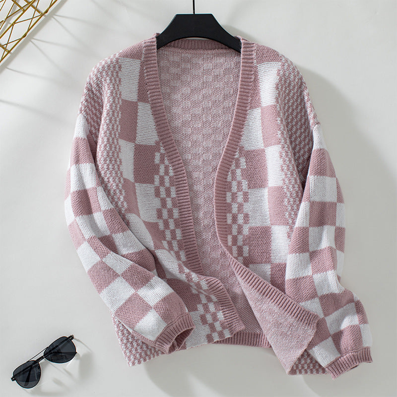 Damen lässige Strickjacke im modischen Karomuster Sovae