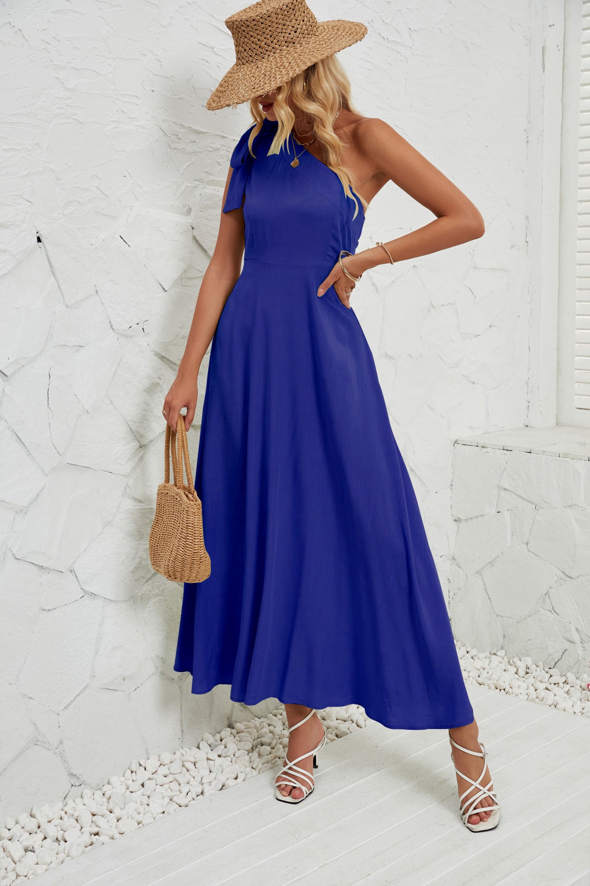 Damen elegantes Maxikleid mit asymmetrischem Träger und fließendem Rock Sovae