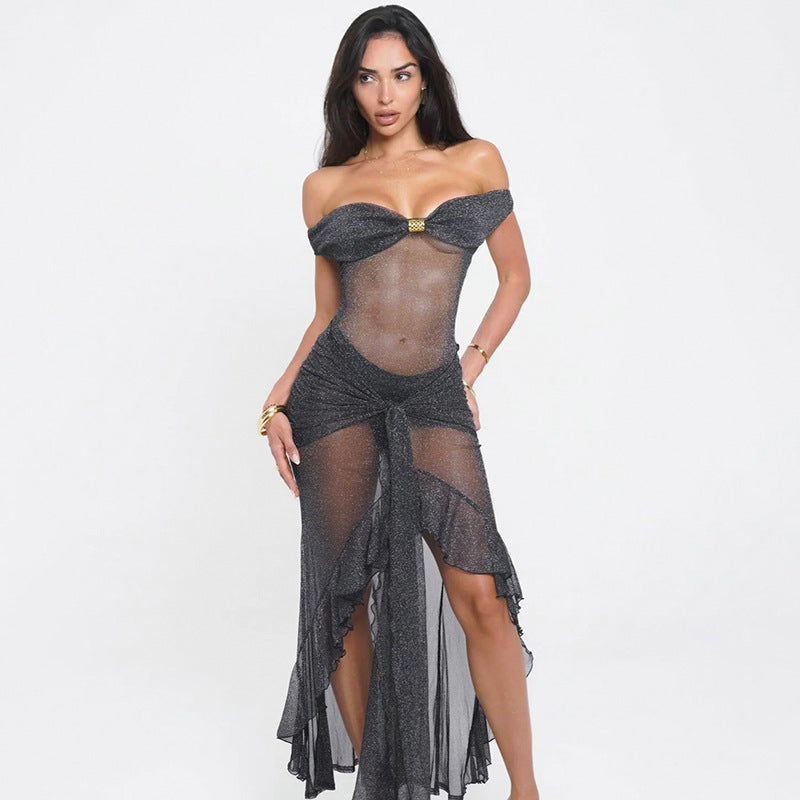 Damen verführerisches Abendkleid mit asymmetrischem Schnitt und schulterfreier Optik Sovae