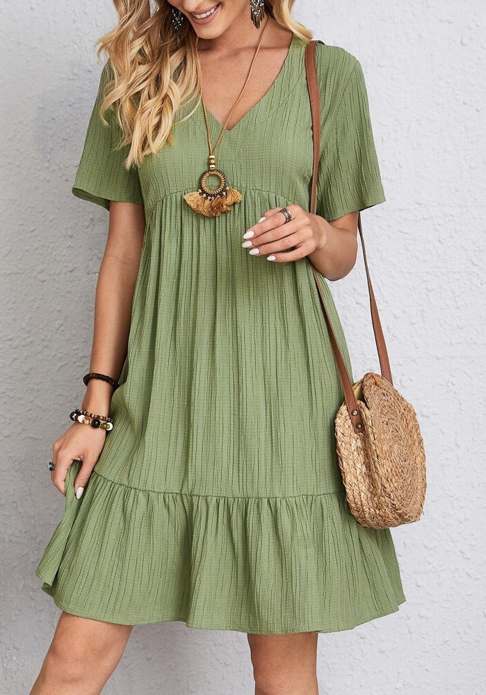 Damen Sommerliches V-Ausschnitt Kleid mit Volant Säume Sovae