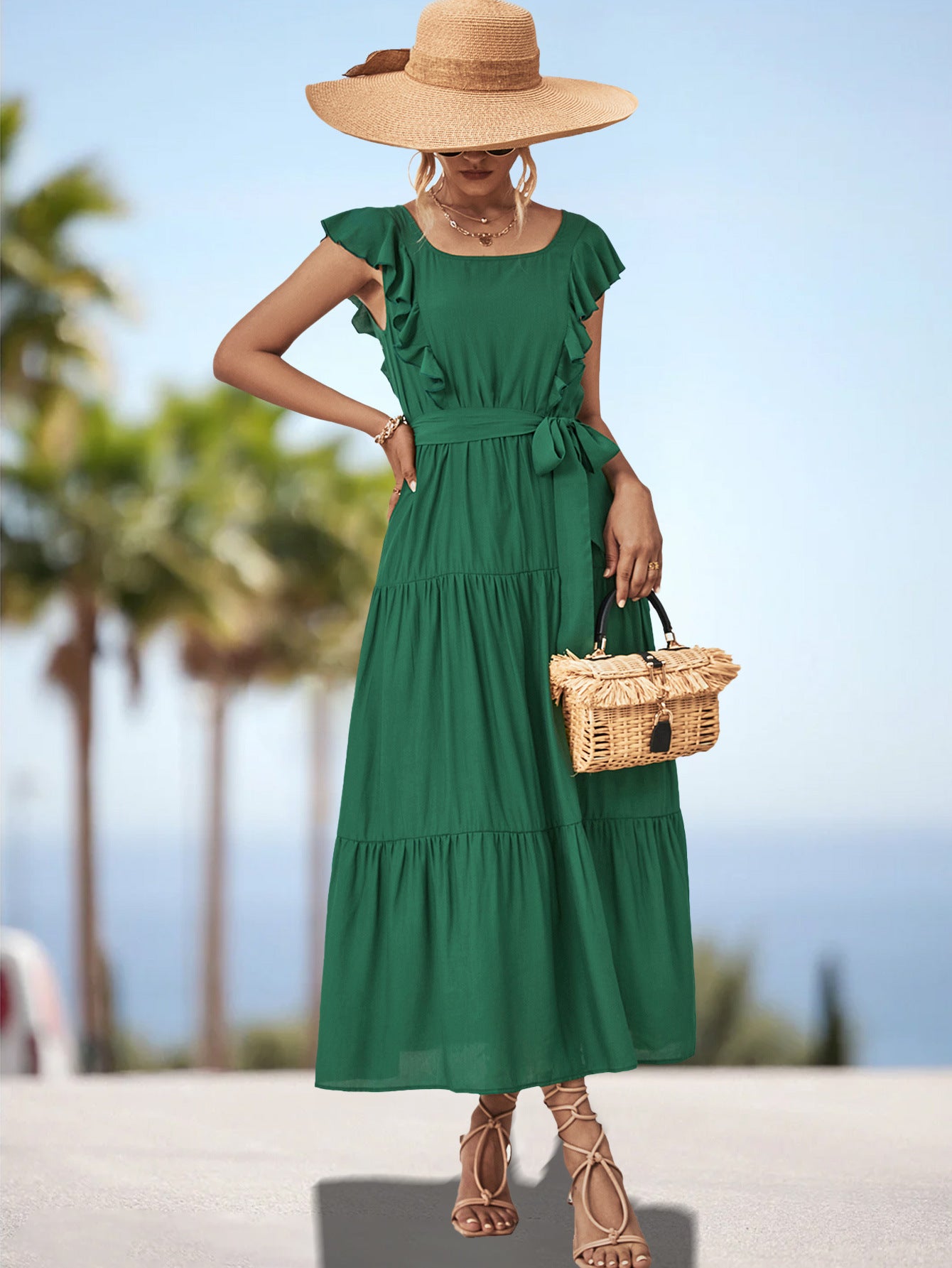 Damen Maxikleid mit Rüschendetails und tailliertem Gürtel Sovae