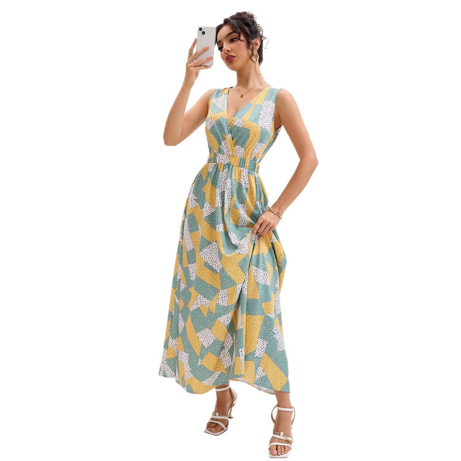 Damen Maxi-Kleid mit V-Ausschnitt und geometrischem Muster Sovae