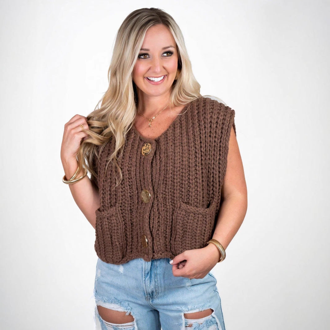 Damen Strickweste mit Taschen und dekorativen Knopfdetails Sovae