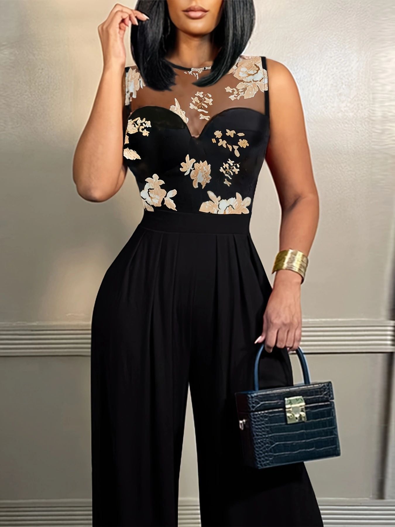 Damen elegantes Oberteil mit transparentem Blumendruck Sovae