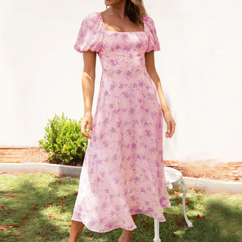 Damen Elegantes Midikleid mit Puffärmeln und verspieltem Blumenmuster Sovae