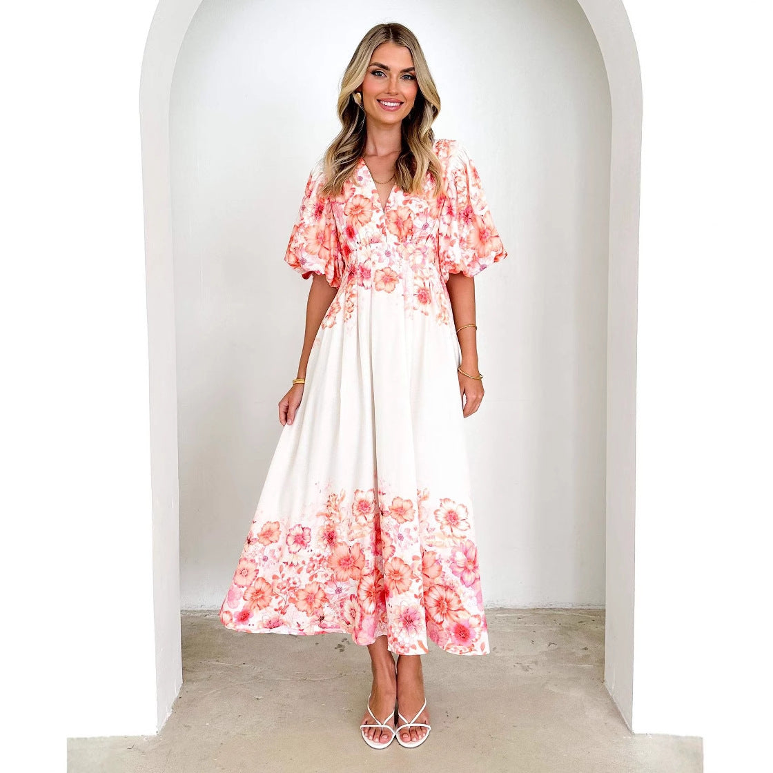 Damen luftiges Maxikleid mit voluminösen Ärmeln und floralem Print Sovae