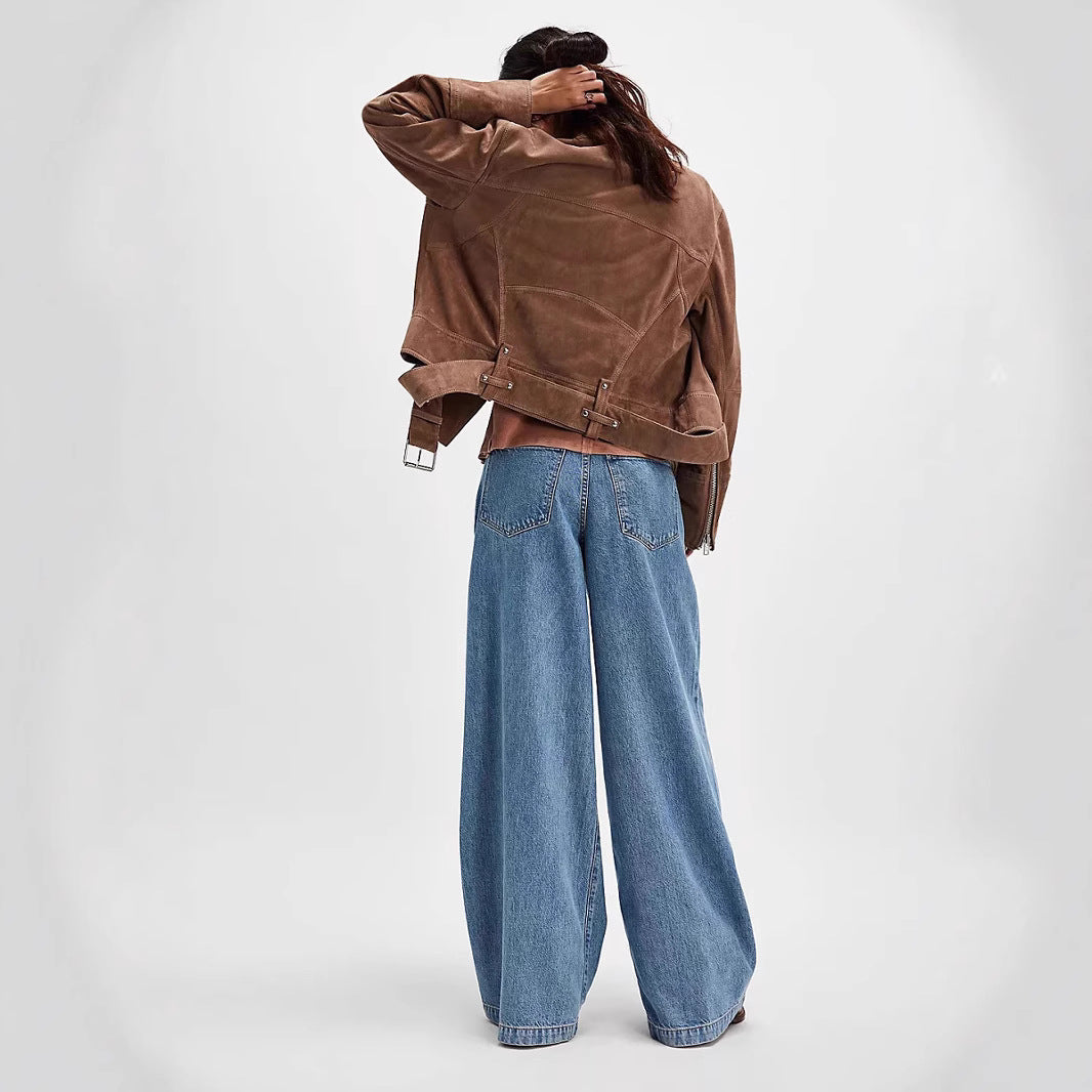 Damen Weite High-Waist Jeans mit Falten Sovae