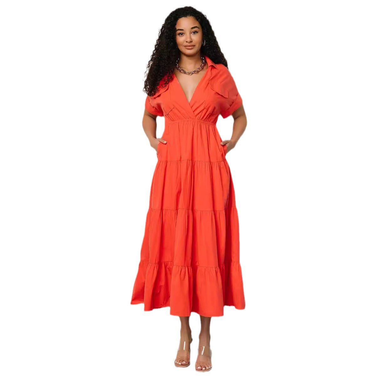 Damen Maxikleid mit voluminösen Rüschen Sovae