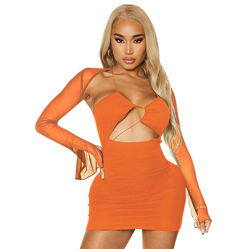 Damen Verführerisches Minikleid mit transparenten Ärmeln und Cut-Out-Details Sovae