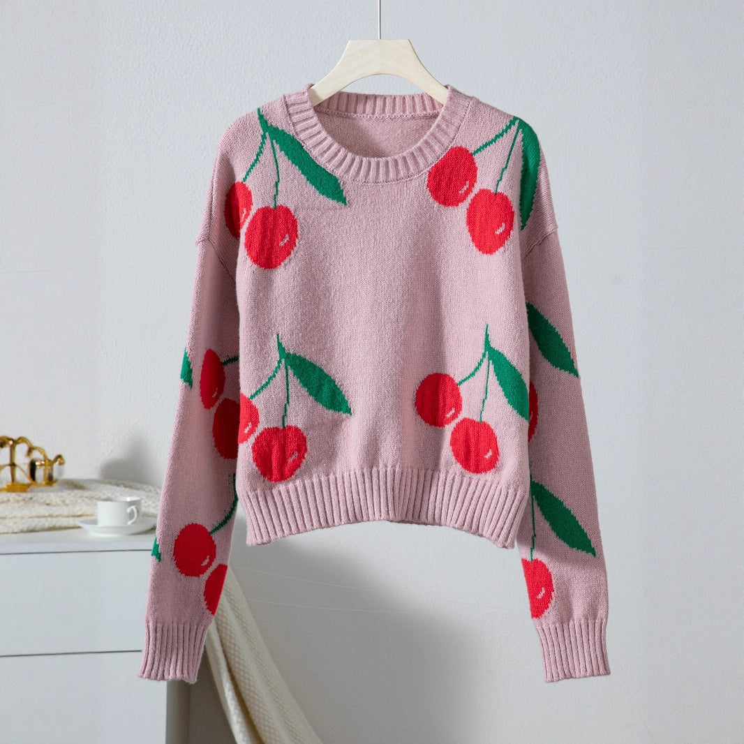 Damen lässiger Pullover mit fruchtigem Kirschmuster und weichem Strick Sovae