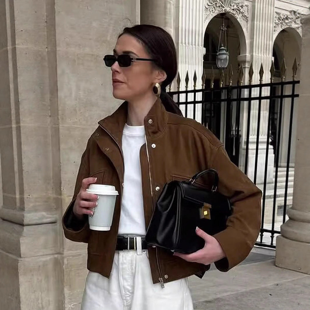 Damen zeitgemäße Relaxed-Fit Jacke mit aufgesetzten Taschen und Stehkragen Sovae