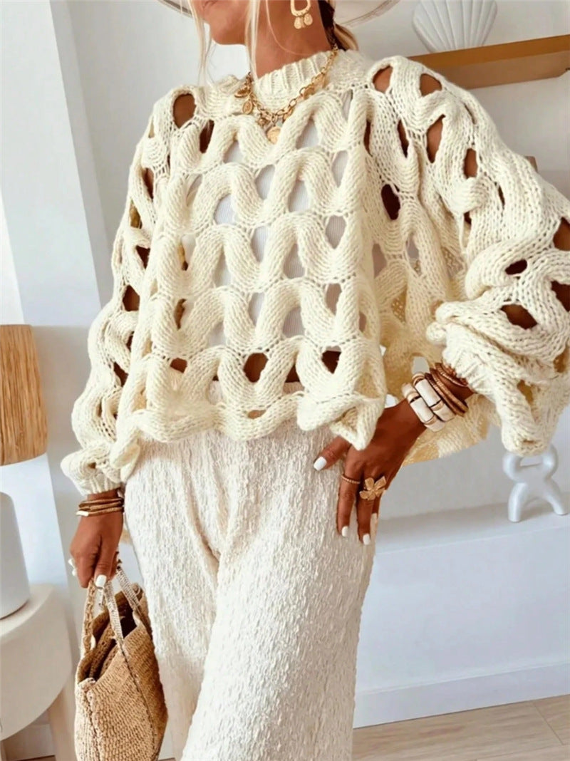 Damen lässiger Strickpullover im modernen Lochmuster Sovae
