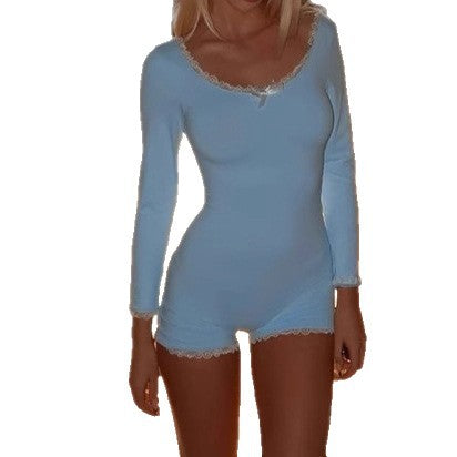 Damen Kurzarm Bodysuit mit Spitzenverzierungen und Rundhalsausschnitt Sovae
