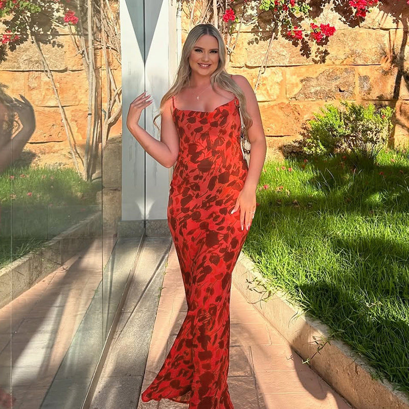 Damen Ärmelloses Bodycon Maxikleid mit Blumenmuster Sovae