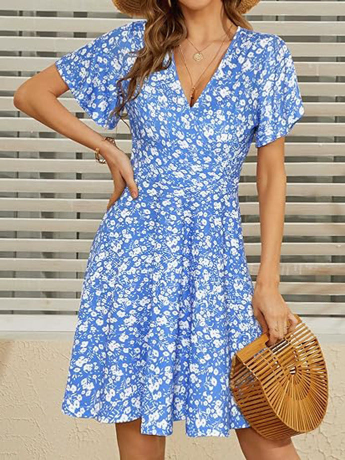 Damen florales Midikleid mit V-Ausschnitt und weit schwingendem Rock Sovae