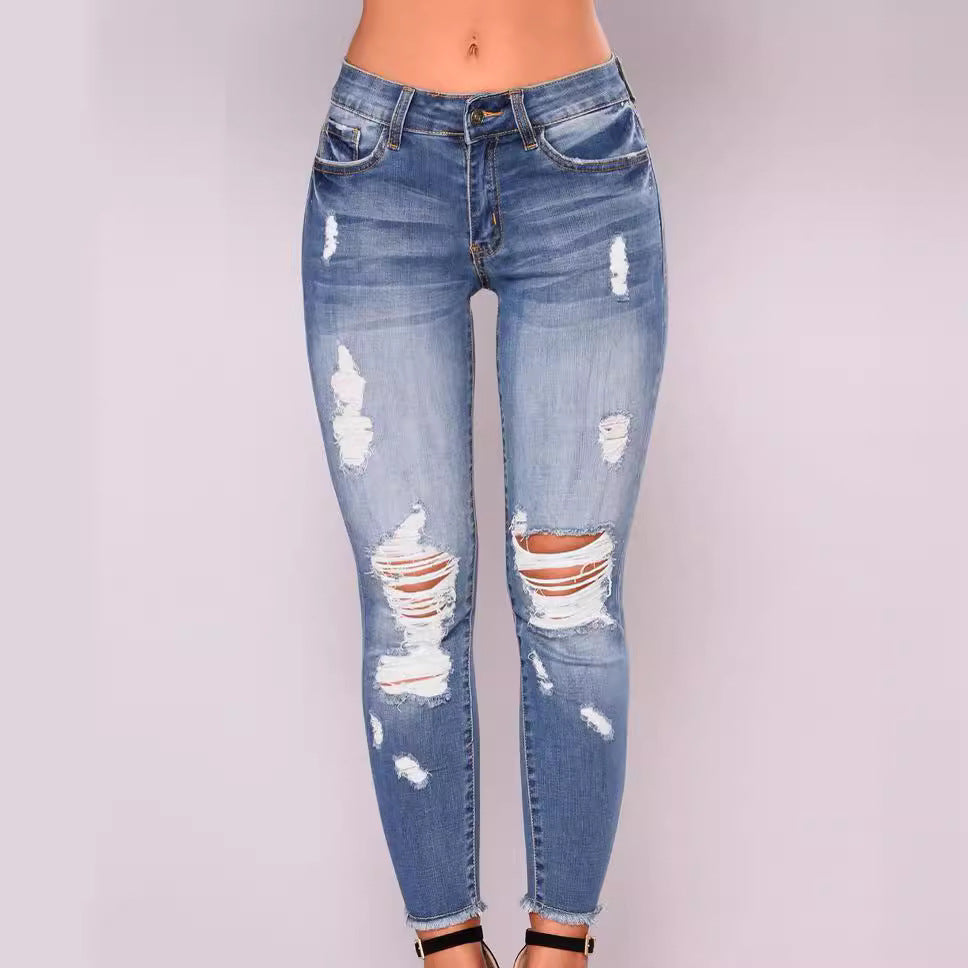 Damen modische Skinny Jeans mit ausgefransten Details Sovae