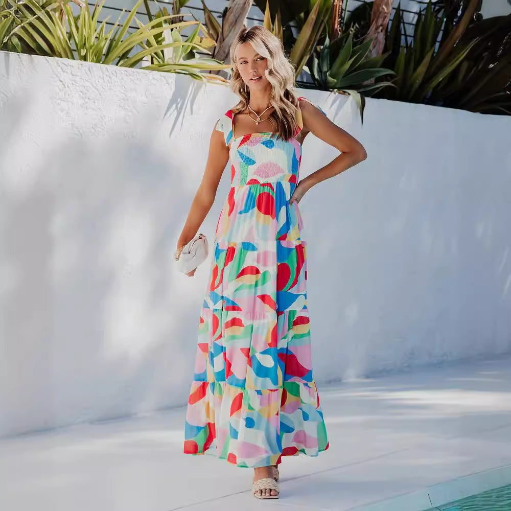 Damen Maxikleid mit buntem Grafikdesign und verstellbaren Trägern Sovae