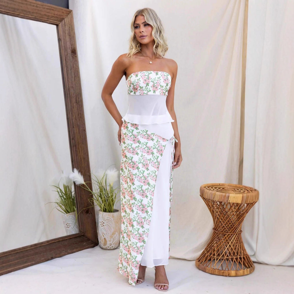 Damen Strapless Maxikleid mit floralem Überwurf und asymmetrischem Saum Sovae