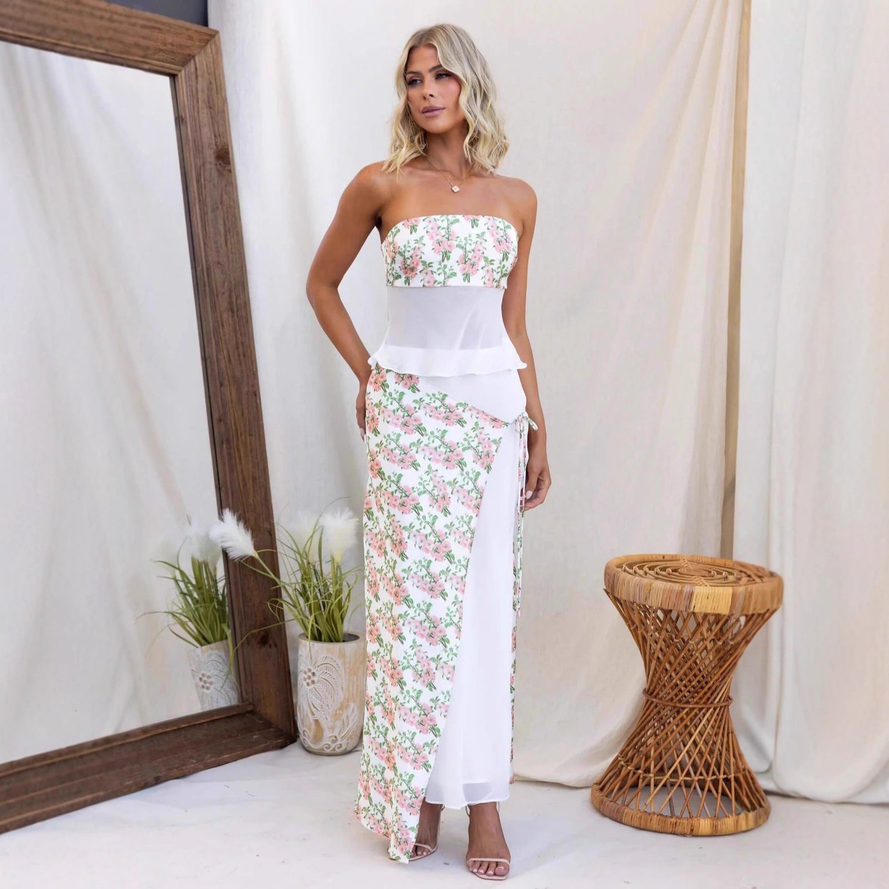 Damen Strapless Maxikleid mit floralem Überwurf und asymmetrischem Saum Sovae