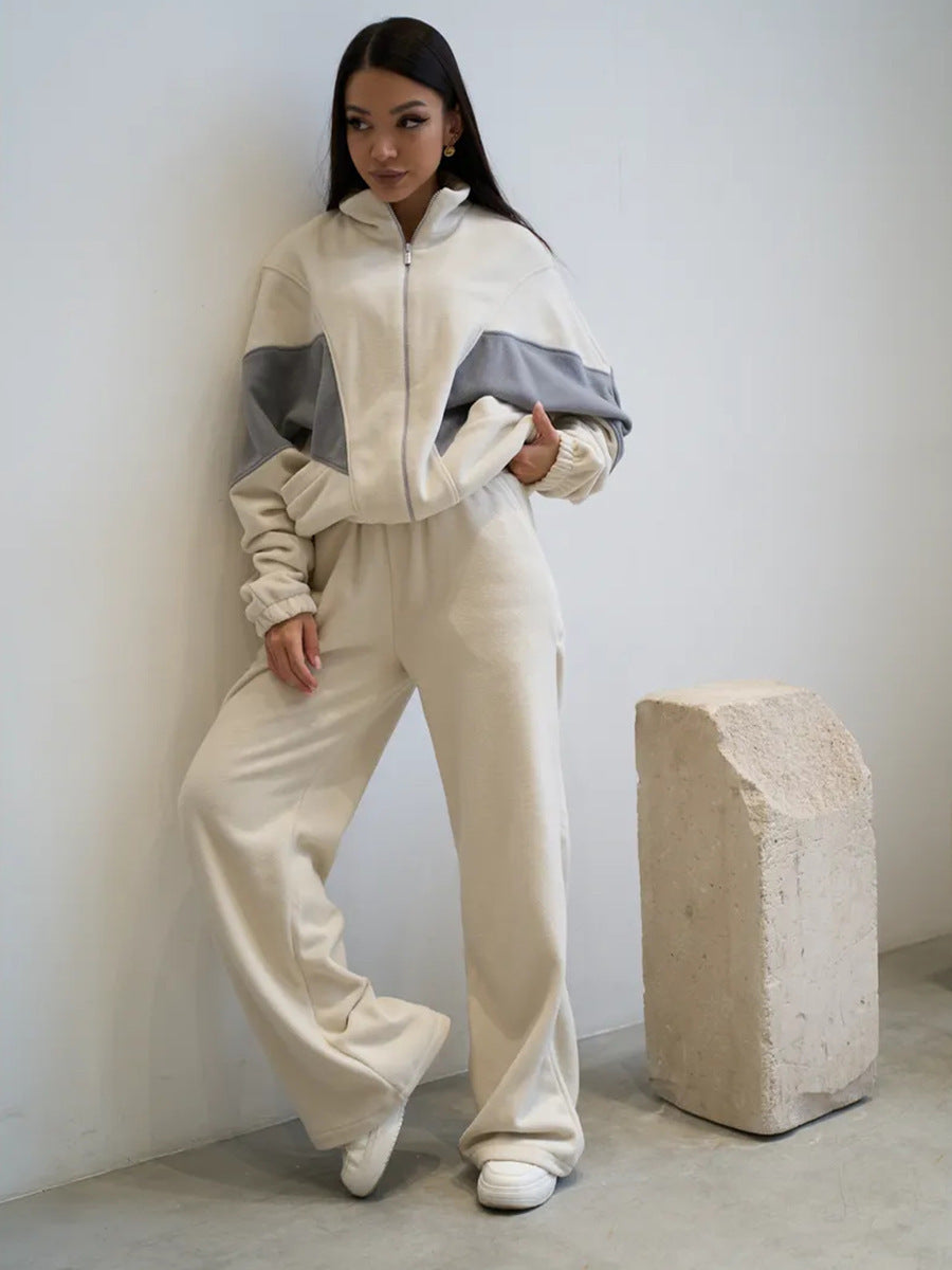 Damen sportliches Fleece-Set mit hochgeschlossenem Kragen und weiten Hosen Sovae