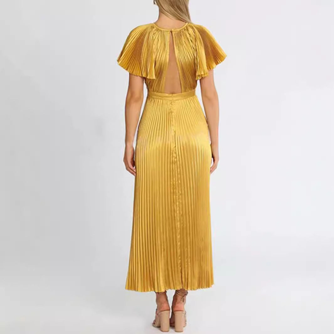 Damen Plissiertes Maxikleid mit elegantem Ausschnitt und fließendem Fall Sovae
