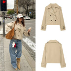 Damen modische Kurztrenchjacke mit doppelter Knopfreihe und Gürtel Sovae