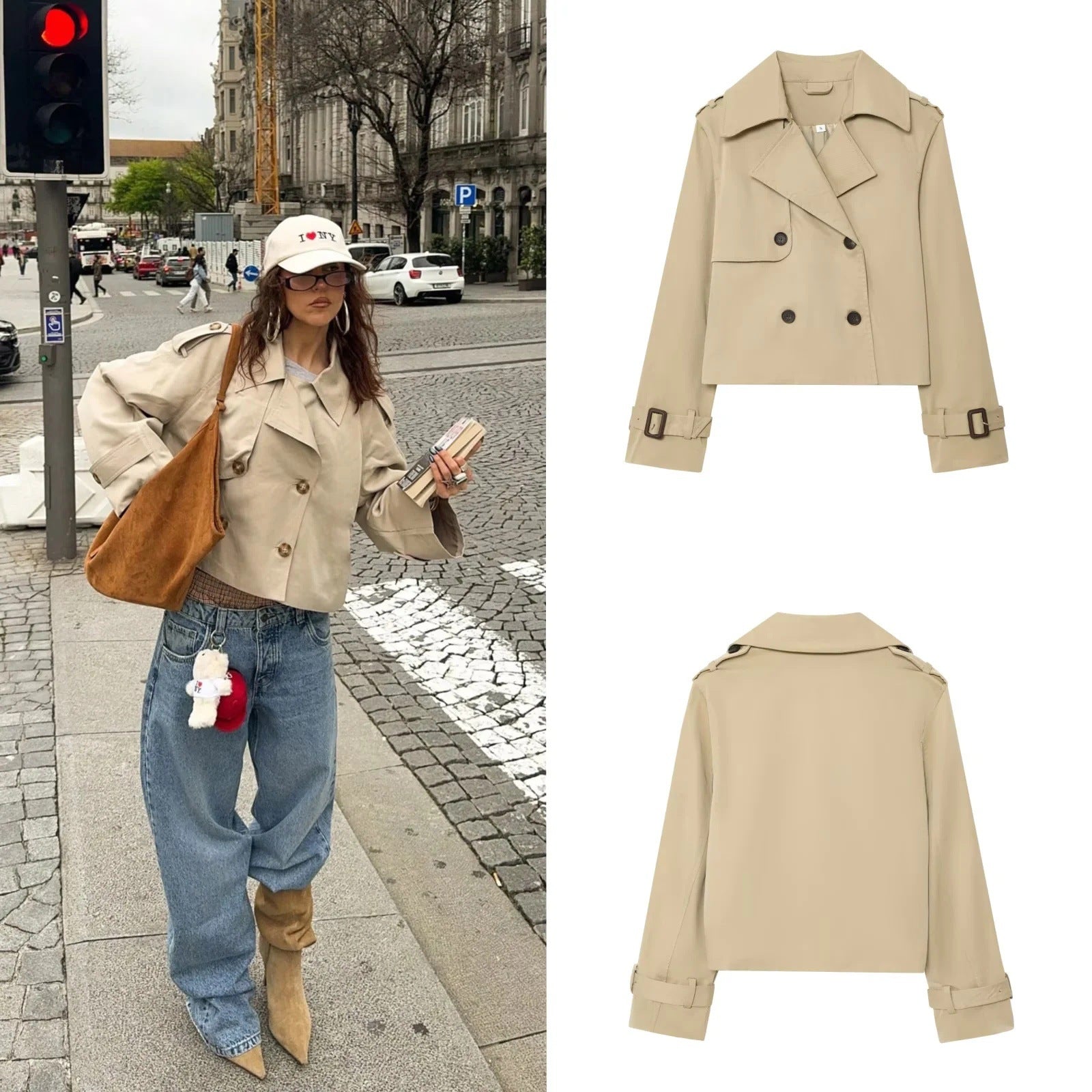 Damen modische Kurztrenchjacke mit doppelter Knopfreihe und Gürtel Sovae