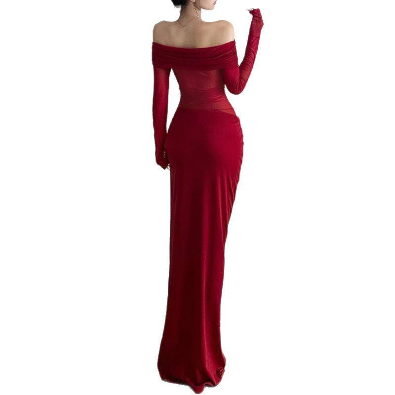 Damen elegantes Off-Shoulder Maxikleid mit raffinierten Rüschendetails Sovae