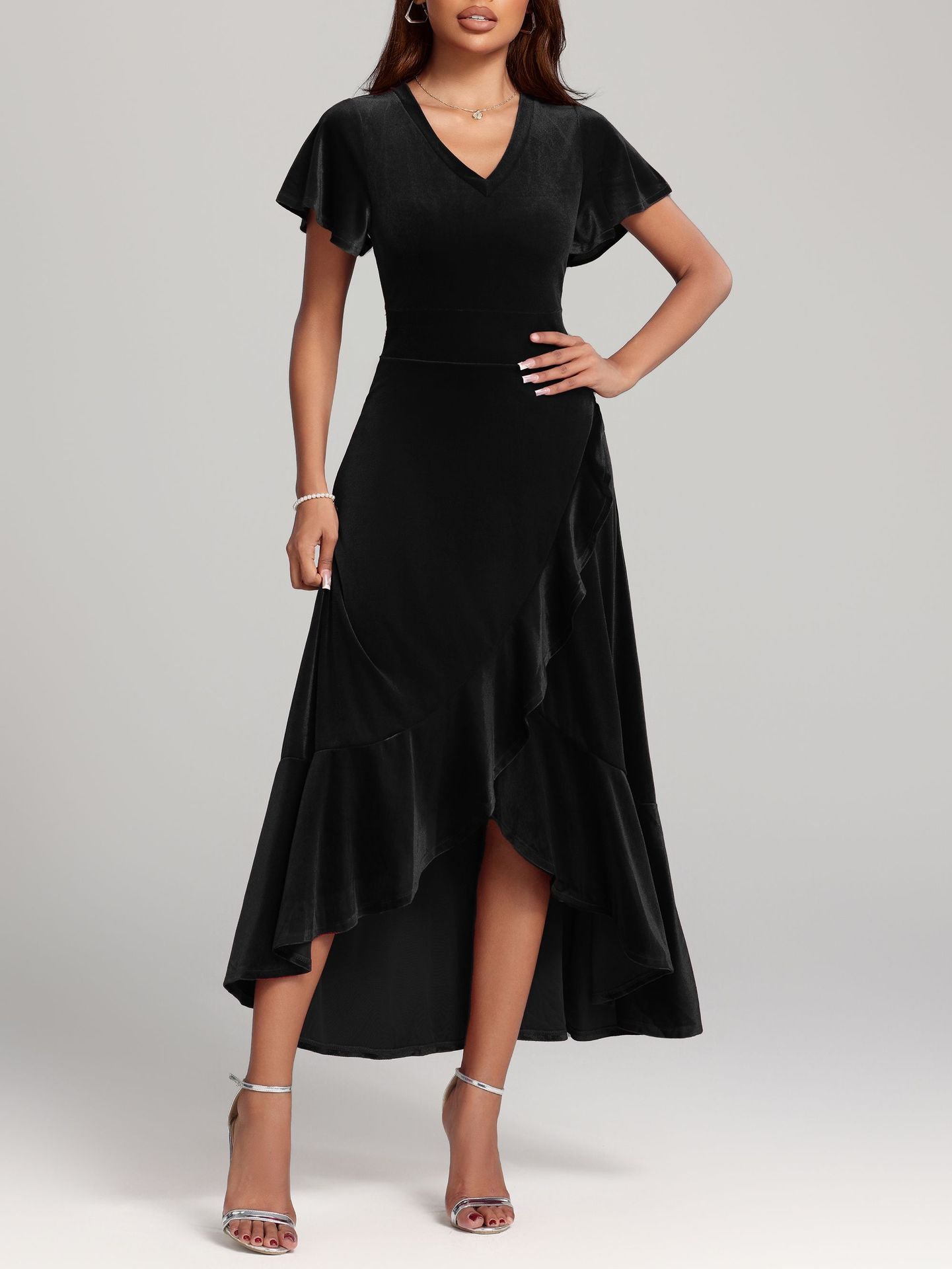 Damen elegantes Maxikleid mit Rüschenärmel und asymmetrischem Saum Sovae