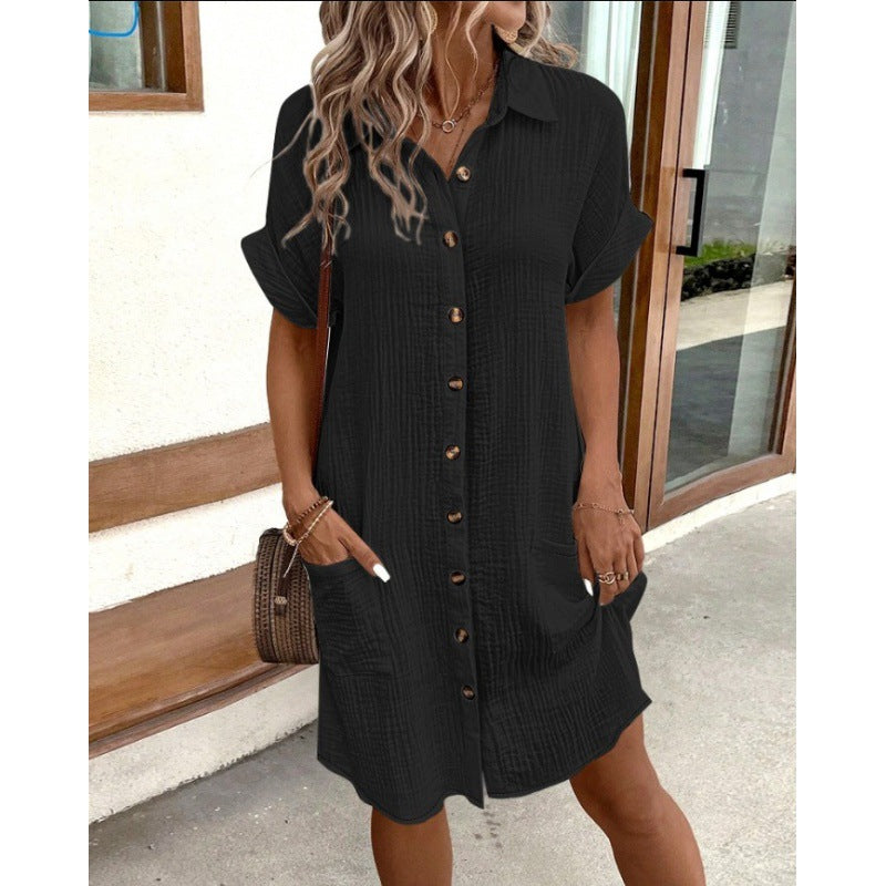 Damen Baumwoll-Kleid mit Knopfleiste und Taschen Sovae