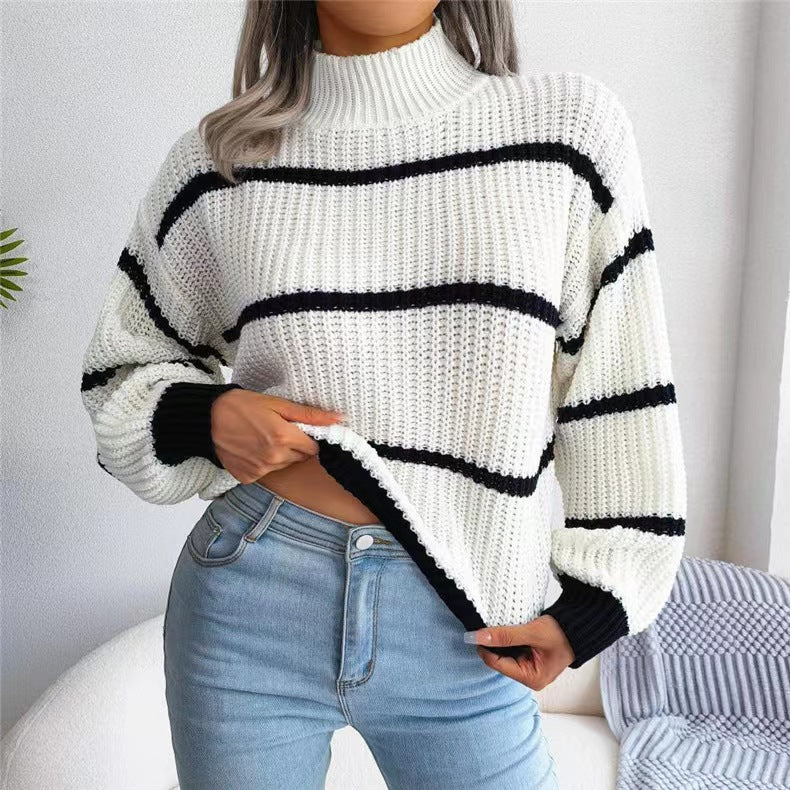 Damen Grobstrickpullover mit hohem Kragen und blockartigen Streifen Sovae
