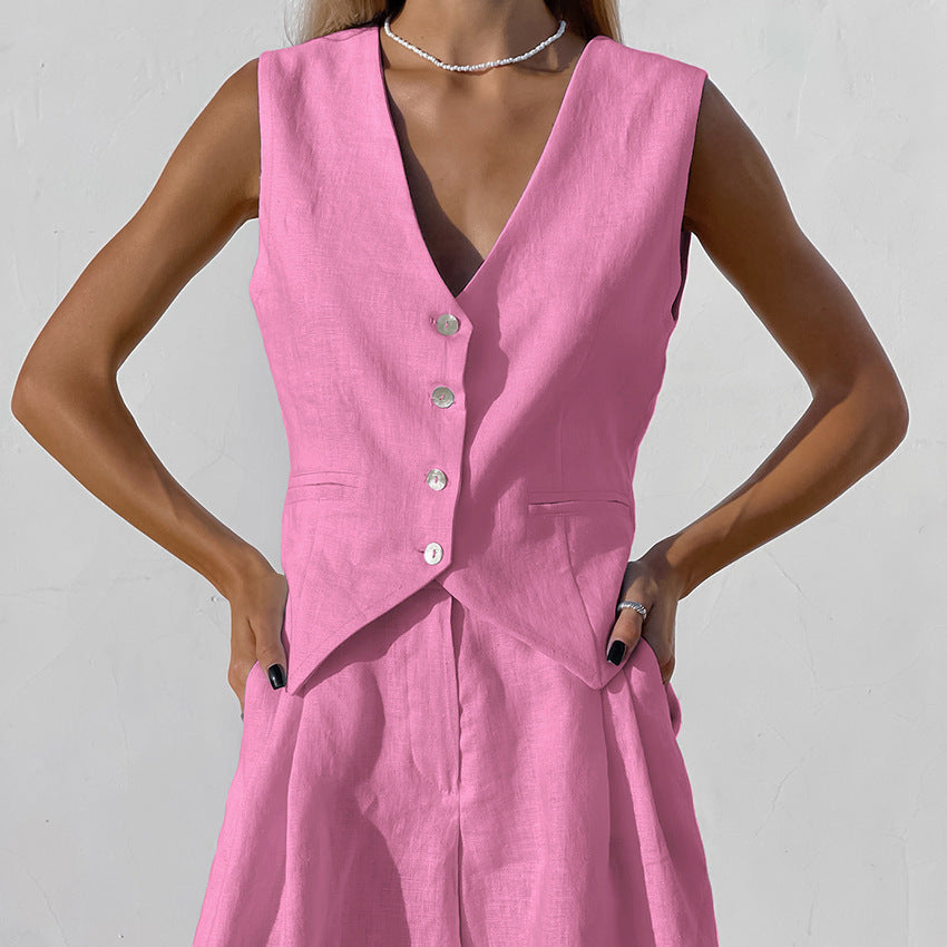 Damen Anzugkleid mit knopfdetaillierter Weste und fließendem Rock Sovae