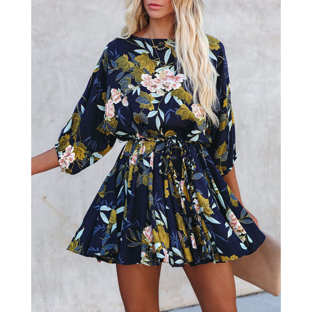 Damen Blümchen Kurzkleid mit Taillengürtel und weiten Ärmeln Sovae