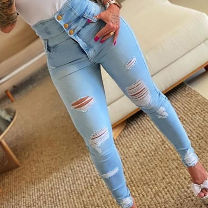 Damen High-Waist Jeans mit stylishen Rissen Sovae