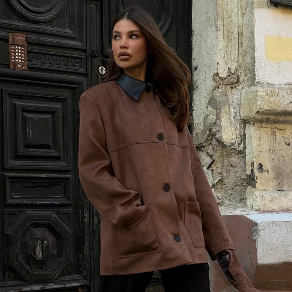 Damen oversized Kunstlederjacke mit schickem Kragen Sovae