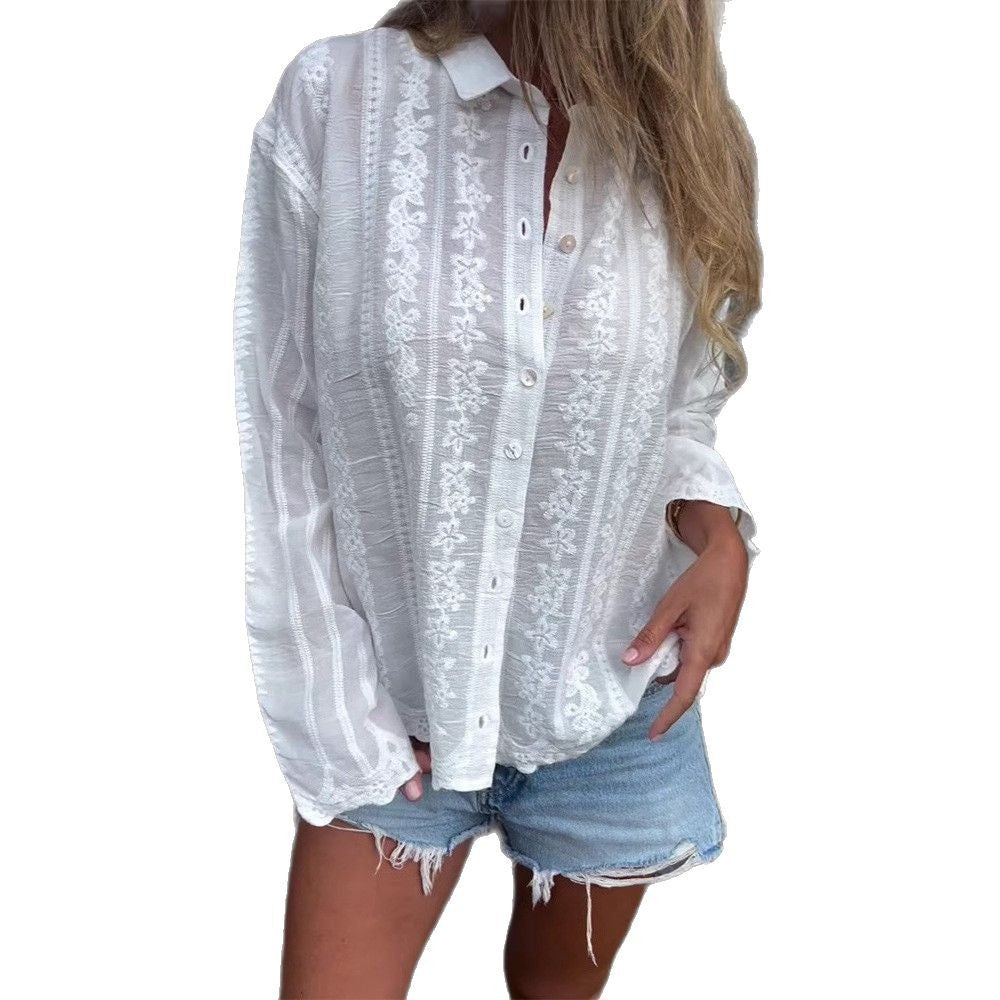 Damen luftige Bluse mit floralen Stickereien Sovae