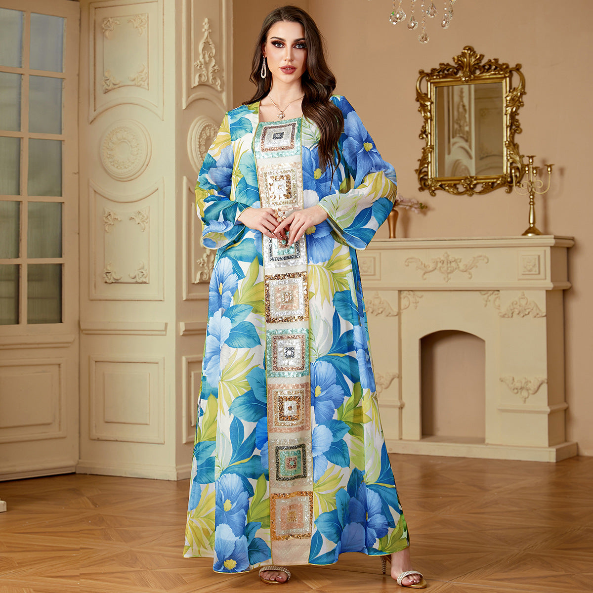 Damen Luftige Kaftan Robe mit prächtigen Blumenmustern Sovae
