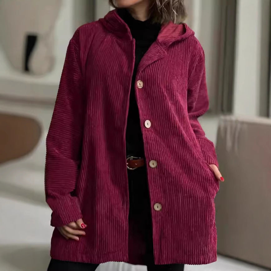 Damen Kapuzenjacke aus Rippstoff mit Holzknöpfen und Freizeit-Schnitt Sovae