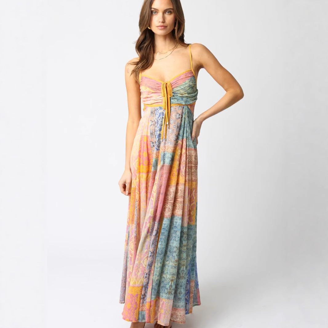 Damen Maxikleid mit verspieltem Patchwork-Muster und elegantem Taillenzug Sovae